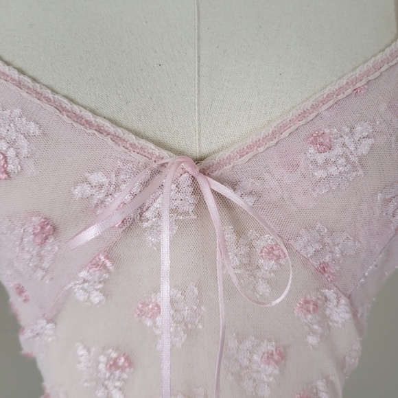 Y2K Lace Camisole Pastel Pink Sheer Mesh Slip Nightgown Tank Top - Picture 7 of 12